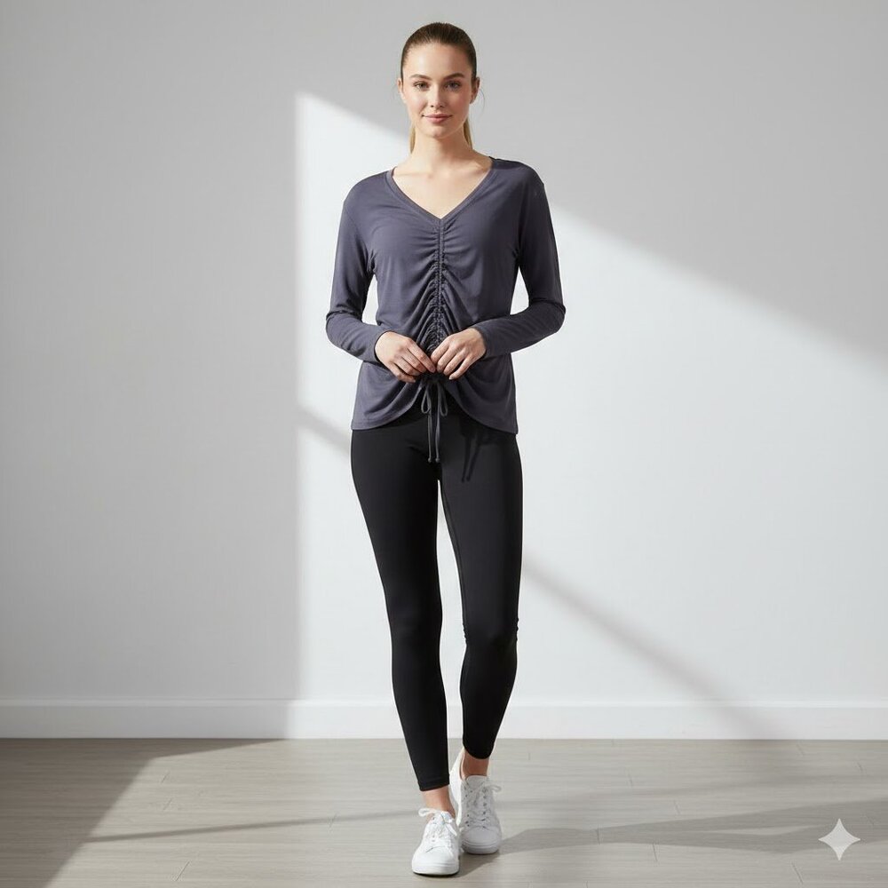 Athleta Yoga Studio Dry Wicking Ruched Purple Activewear Long Sleeve Top SZ M